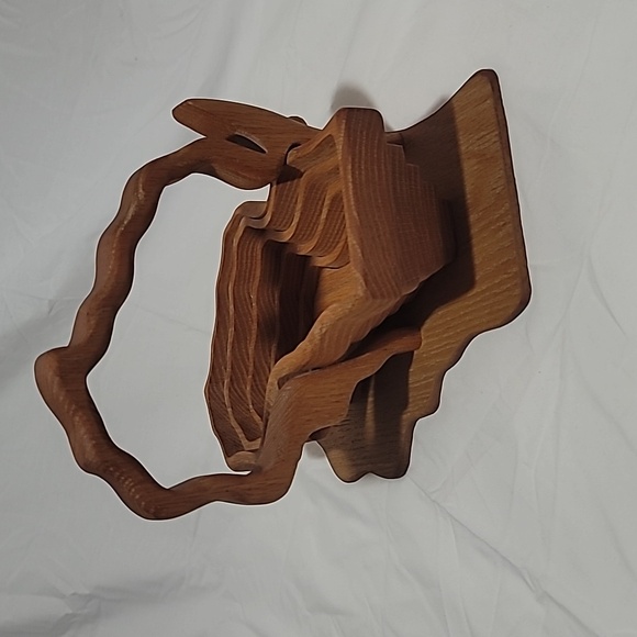 Ornate Hand Carved Wood Collapsible Flower Fruit Basket with Handle - Picture 2 of 7